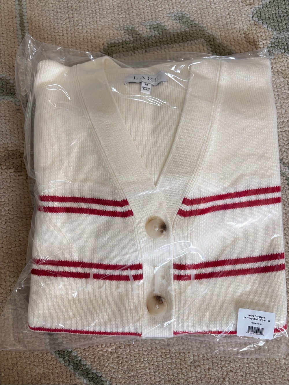 NWT Lake Pajamas Nora Cotton Cardigan in Ivory Red Stripe - Picture 2 of 3